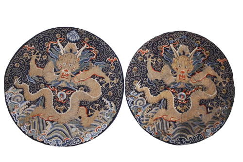 A PAIR OF EMBROIDERED 'DRAGON' SILK ROUNDELS