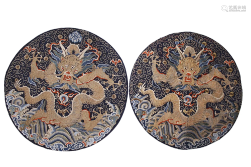 A PAIR OF EMBROIDERED 'DRAGON' SILK ROUNDELS