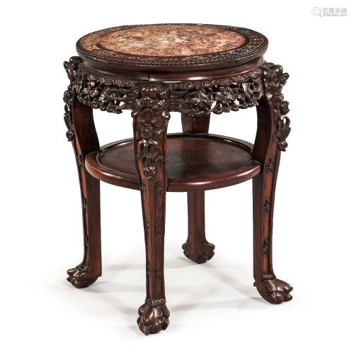 A CHINESE MARBLE TOP INSET WOOD STAND
