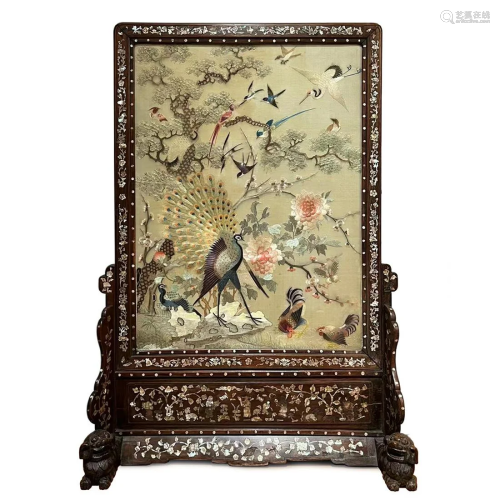 A LARGE SILK EMBROIDERED 'HUNDRED BIRDS' SCREEN