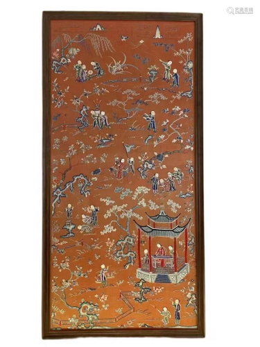 A CHINESE FINELY EMBROIDED 'HUNDRED BOYS' SILK PAN...