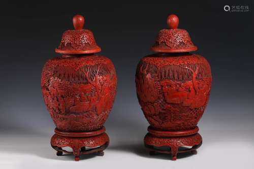 Engraving red lacquer general jar  in the 19th century