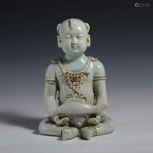 10th century hidden celadon kiln shadow blue glazed boy hold...