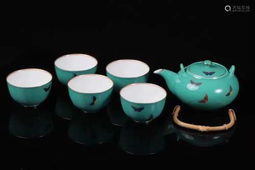 昭和时期 香兰社制 松石釉蝴蝶纹饰茶道具一套