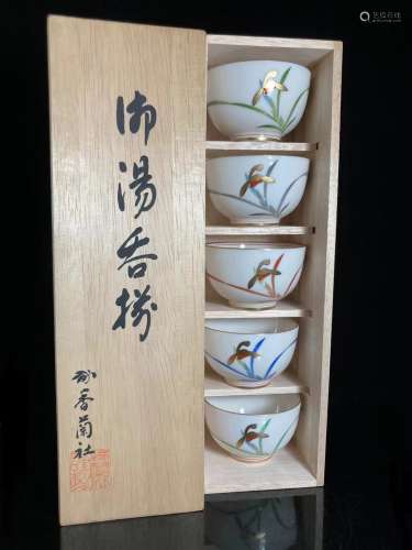 昭和时期 香兰社作 描金手绘金彩兰花纹纹饰茶碗一套