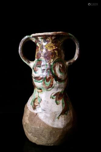 江户时期 初代尾行乾山 色绘耳付花瓶 花入