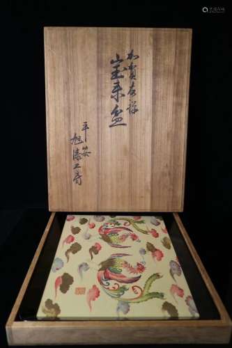 昭和时期 平安漆器 加贺友禅作 漆器丝绸印染茶盘