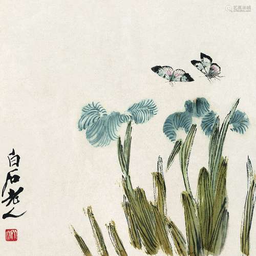 齐白石  幽兰蝴蝶图  （花果草虫册十二开） 宣纸 镜芯（片）