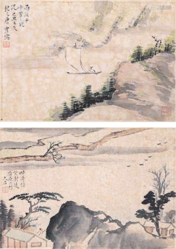 唐云山水二开册页（lot140-153为同一藏家藏）纸本镜片