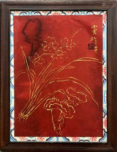 黃賓虹精品（花卉圖）老紅絹本老蠟紙裝裱老實木框