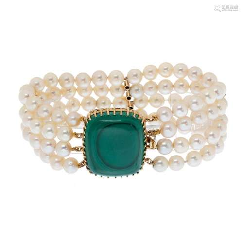 ROCA bracelet with four strands of pearls mounted on mesh kn...