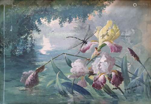 JEANNE DUMELIE (France vers 1900) L'étang aux libellule...