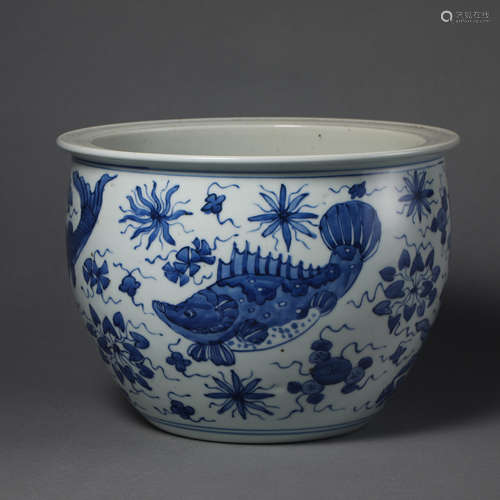 China Qing DynastyBlue and white porcelain fish pattern jar