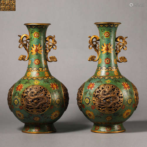 China Qing Dynasty A pair of cloisonne ornamental bottles
