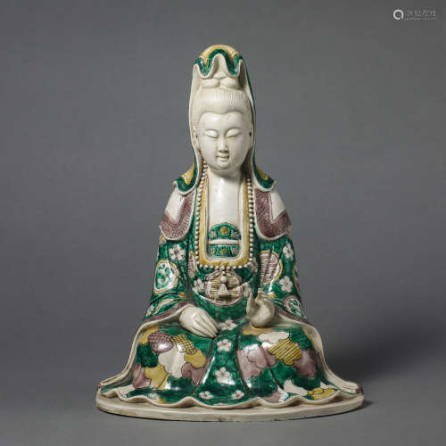 China Qing Dynasty Three-color Guanyin Buddha Statue in Kang...