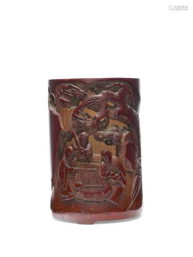 A CARVED BAMBOO 'GO PLAYERS' BRUSHPOT CHINA, QING DYNASTY, 1...