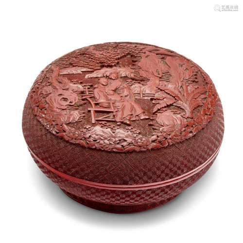 A CINNABAR LACQUER 'LOVERS' CIRCULAR BOX AND COVER CHINA, 19...