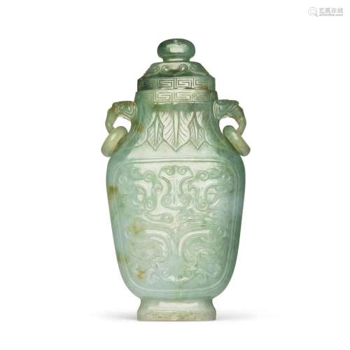 A JADEITE ARCHAISTIC BALUSTER VASE AND COVER CHINA, 20TH CEN...