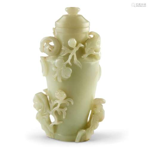 A PALE CELADON JADE 'PHOENIX' VASE AND COVER CHINA, QING DYN...