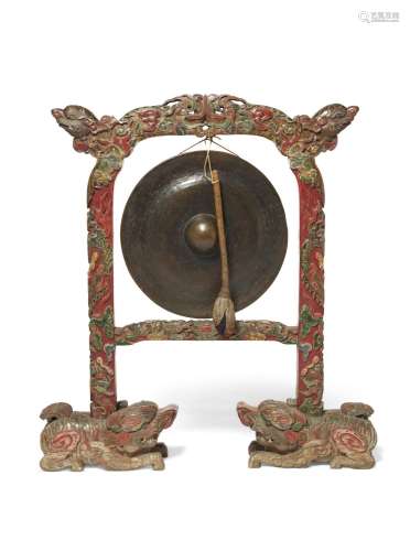 A LARGE GONG AND PAINTED LACQUER WOOD STAND CHINA, QING DYNA...