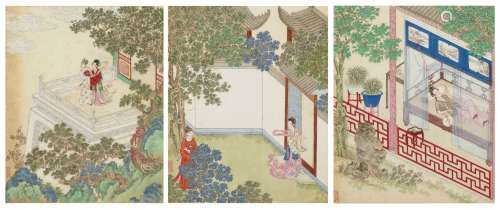 IN THE STYLE OF QIU YING, PAVILION SCENES, THREE FRAMED AND ...