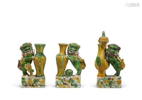 TWO FAMILLE VERTE BISCUIT 'BUDDHIST LION' VASES AND A FAMILL...
