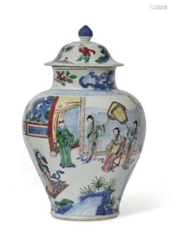 A WUCAI 'LADIES' JAR AND COVER CHINA, TRANSITIONAL PERIOD, 1...