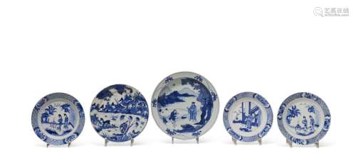 THREE BLUE AND WHITE DISHES AND TWO MATCHING BLUE AND WHITE ...