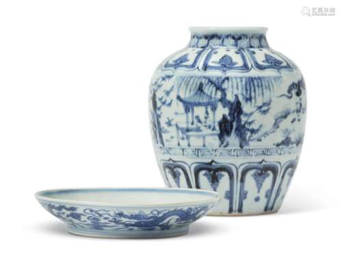 A BLUE AND WHITE 'WINDSWEPT' JAR AND BLUE AND WHITE 'DRAGON'...