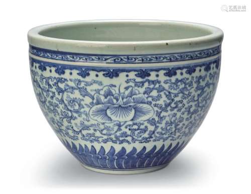 A SMALL BLUE AND WHITE 'SCROLLING PEONIES' BASIN CHINA, QING...