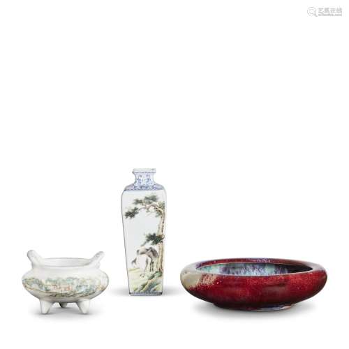 A FAMILLE ROSE TRIPOD CENSER, A FAMILLE ROSE VASE AND A FLAM...