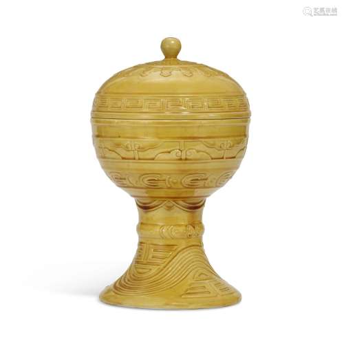 A YELLOW-GLAZED 'ARCHAISTIC' ALTAR VESSEL AND COVER, DOU CHI...