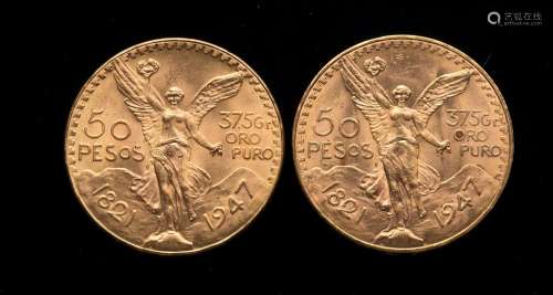 Deux pièces de 50 Pesos mexicains 1821 et 1947Poids : 83,35 ...
