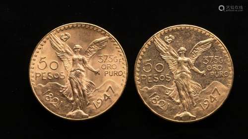 Deux pièces de 50 Pesos mexicains 1821 et 1947Poids : 83,39 ...