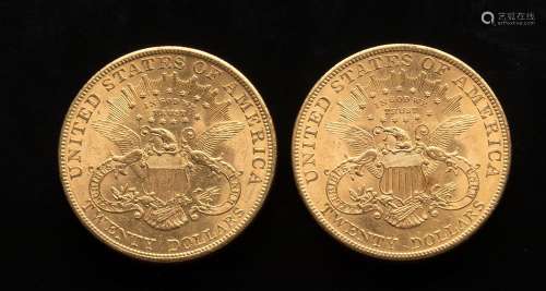 Deux pièces de 20 Dollars US 1904 et 1904Poids : 66,85 g