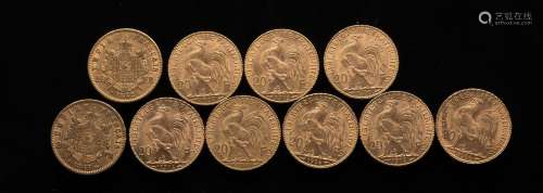 Dix pièces de 20 Francs or :- Deux Napoleons : 1862 et 1866-...