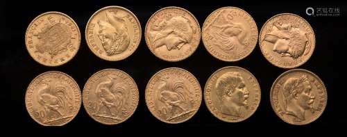 Dix pièces de 20 Francs or :- Quatre Napoleons : 1857, 1863 ...