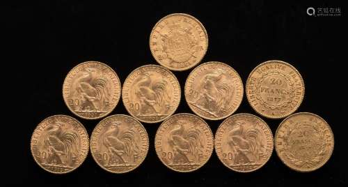 Dix pièces de 20 Francs or :- Deux Napoleons : 1856 et 1864-...
