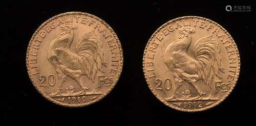 Deux pièces de 20 Francs or 1910 et 1912Poids : 12,92 g