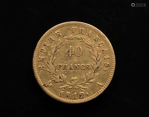 Pièce de 40 Francs or Napoléon, tête laurée, 1812.Poids : 12...