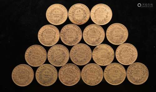 Dix-huit pièces de 10 Francs or NapoléonPoids : 57,28 g