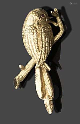 Broche oiseau en or jaune 18K (750) reposant sur une branche...