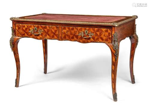 Table bureau en bois de placage et marqueterie à décor de cr...