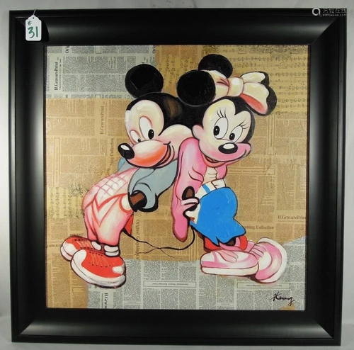 ORIGINAL OIL ON CANVAS WITH MIXED MEDIA "MICKEY & M...