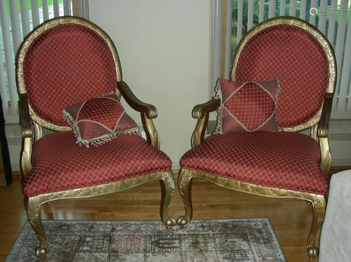 PAIR DESIGNER CARVED WOODEN & UPHOLSTERED CHAIRS