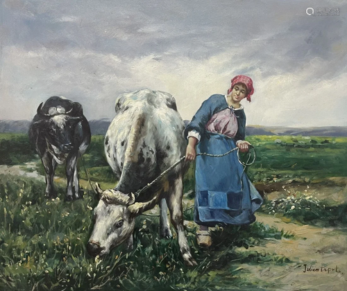 Grazing Cows signed Juliem Duprt (lower right) Oil painting