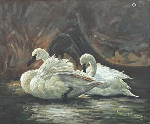 OIL PAINTING A Pair Of Swans signed Arthur FitzWilliam