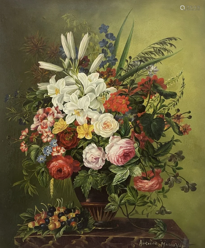 OIL PAINGTING Still life of flowers in a glass vase placed o...