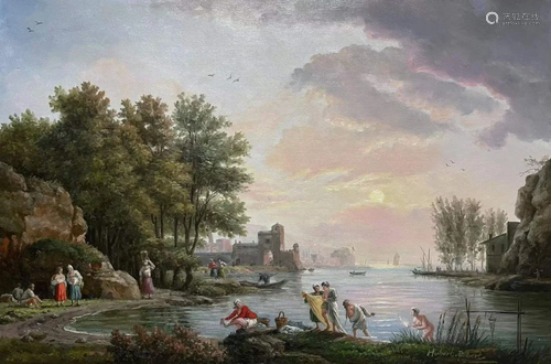 OIL PAINTING Bathing by the river signed Hubert Robert