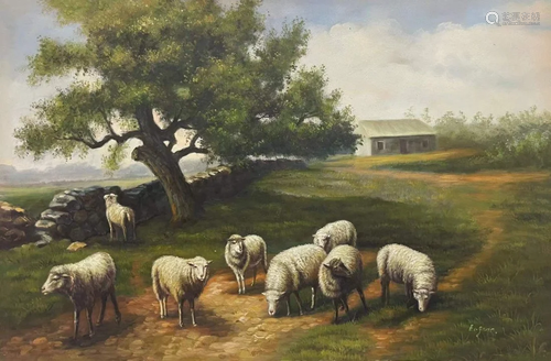 OIL PAINTING Flock signed EugÃ¨ne